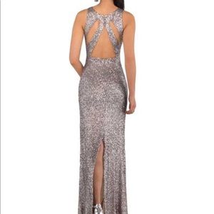 Floor length silver sequin gown.